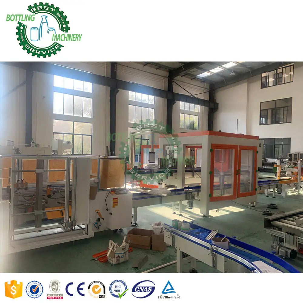 Top conveyor loading case box carton erecting packing sealing machine for beer soda soft drink food milk powder can jar bag