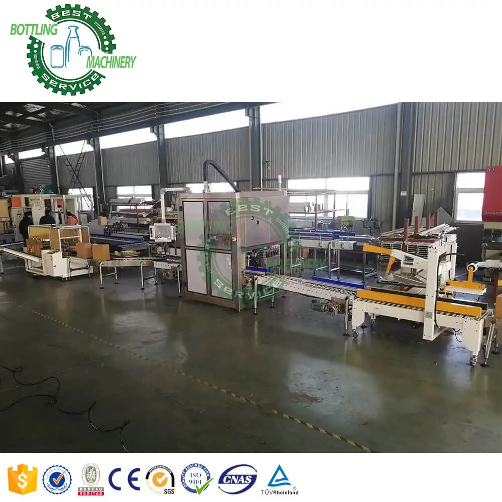 Top conveyor loading case box carton erecting packing sealing machine for beer soda soft drink food milk powder can jar bag