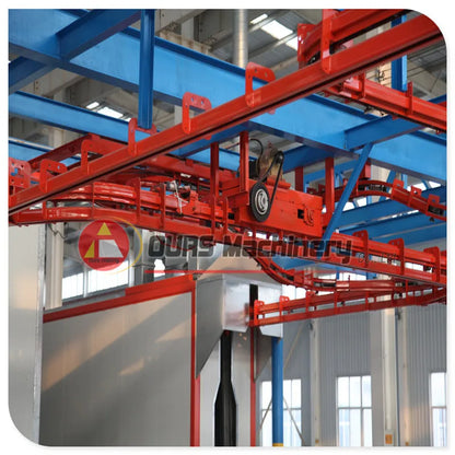 Flexible overhead power and free conveyor powder coating line system
