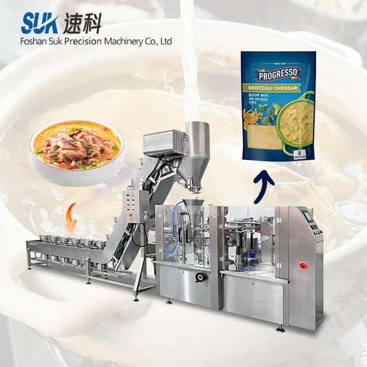 Bowl Conveyor Feeding Ready-To-Eat Food Chicken Soup Doypack Automatic Rotating Retort Bag Packaging Machine