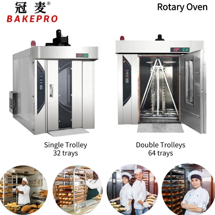 BAKEPRO 64 Trays 5 Loaf Baguette Pan Line Medium Size Bakery Equipment Complete Bread Oven Gas Baking Machine 32 Trays Rotary