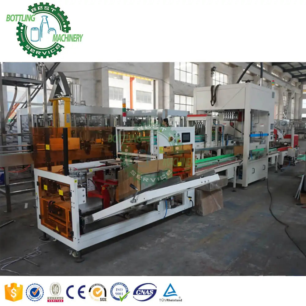 Top conveyor loading case box carton erecting packing sealing machine for beer soda soft drink food milk powder can jar bag