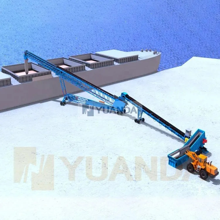 Fixed rubber tire mobile 3000tph telestacker coal to ship port harbor cargo barge vessel continuous loading belt conveyor system